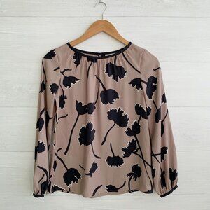 LOFT Petites - Taupe black floral long sleeve chiffon top, XXSP